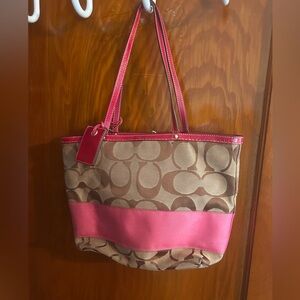 Coach Canvas Tote with Pink Trim and Brown Signature Print